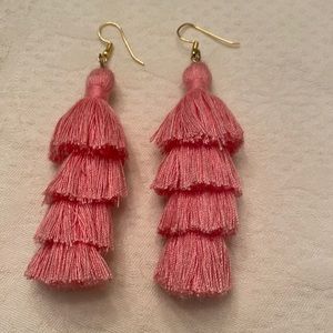 Boho 4-tiered tassel fringe earrings, Salmon colored